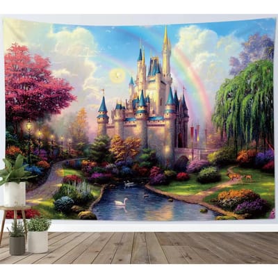 Sprookjes Fantasy Wereld Kasteel Wandkleed Cartoon Bos Wandkleed Magisch Wandkleed Meisjes Slaapkamer Woonkamer Studentenkamer Feest Muur Decoratie 90x150 cm