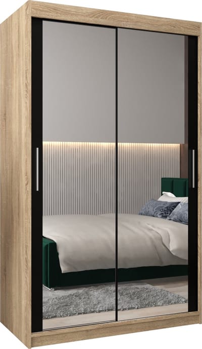 InspireMe - Kledingkast met 2 schuifdeuren, Modern-stijl, Kledingkast met planken (BxHxD): 120x200x62 - TORM III 120 Sonoma Eik + Zwart Mat