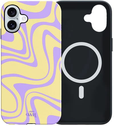 xoxo Wildhearts siliconen hoesje geschikt voor iPhone 17 MagSafe hoesje - Sunny Side Up - Double Layer - Magnetisch telefoonhoesje - Magneet case - Backcover met dubbele beschermlaag - Golvenprint - Golvend patroon - golven - Geel / Paars