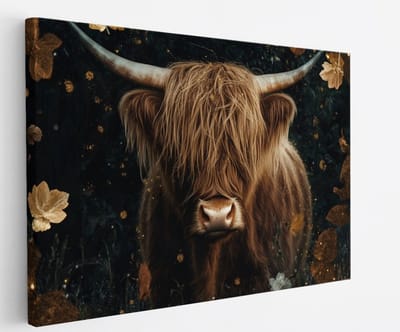 Saammp - Canvas Schilderij - Schotse Hooglander Koe - Abstract - Bladeren - Dieren - Natuur - 60x40 - Foto op canvas - Wanddecoratie - muurdecoratie Woonkamer - Slaapkamer decoratie - Canvas Print