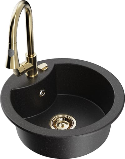 Mexen Diego granieten spoelbak 1-komerig met keukenmengkraan Elia, zwart/zilver metallic - 6512-73-670101-50