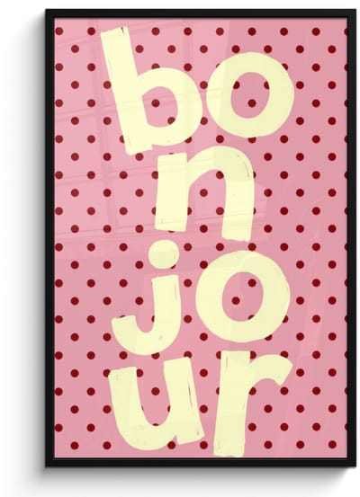 Poster in lijst - Fotolijst 80x120 cm - Posters - Bonjour - Stippen - Roze- Geel - Posterlijst zwart - Decoratie - Wanddecoratie woonkamer - Muurdecoratie slaapkamer