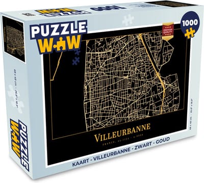 Puzzel Kaart - Villeurbanne - Zwart - Goud - Legpuzzel - Puzzel 1000 stukjes volwassenen