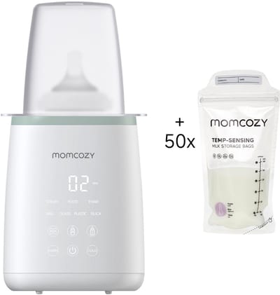 Momcozy Flessenwarmer met 50 bewaarzakjes voor moedermelk - 6-in-1 - Geschikt voor melk en babyvoeding - Compatibel met potjes, zakjes en flessen - Tot 24 uur warm houden