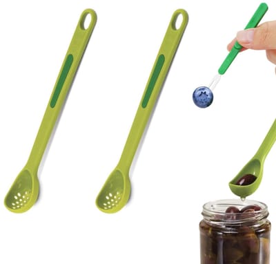 2-stuks Set van lepel en vork voor augurkenpot - Augurkenvorken en olijvenlepel - Creative Kitchen 2-in-1 zeef met lange steel - Multifunctionele olijvenlepel - Met fruitvork - Geschikt voor diverse soorten fruit en augurken in blik - Groen