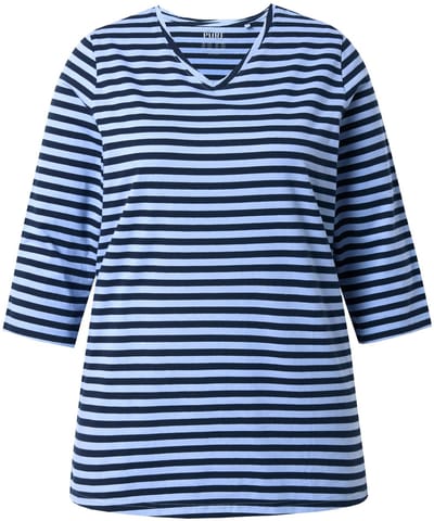Ulla Popken - Dames - Shirt strepen V-hals 3/4 mouwen biologisch katoen - Vorstblauw - Maat 42+