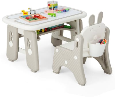 COSTWAY Kindertafel met konijnvormige stoel en 3 verstelbare hoogtes, magnetische tekentafel met 12 pennen en 26 letters, opbergruimte, draagvermogen 68 kg voor kinderen van 1-12 jaar
