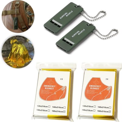 Colorful Sun® Survival Kit: Reddingsdeken + Noodfluit - Reddingsdeken x 2 (160x210cm, Goud/Zilver) + Noodfluit x 2 - Voor Outdoor Avonturen, Wandelen, Kamperen en Noodsituaties - Thermische Isolatiedeken en Luide Alarmfluit met Sleutelkoord