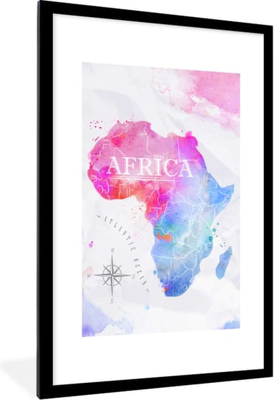 Poster in lijst - Fotolijst 60x90 cm - Posters - Waterverf - Wereldkaart - Afrika - Posterlijst zwart - Decoratie - Wanddecoratie woonkamer - Muurdecoratie slaapkamer