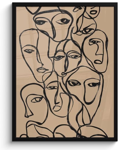 Poster in lijst - Fotolijst 60x80 cm - Posters - Gezichtenzee - Lijntekening - Abstract - Posterlijst zwart - Decoratie - Wanddecoratie woonkamer - Muurdecoratie slaapkamer