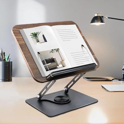 Boekenstandaard - Tabletstandaard - Leesstandaard - Houten Tafelblad - Draait 360 Graden - Antislipbasis - Opvouwbaar - Bruin
