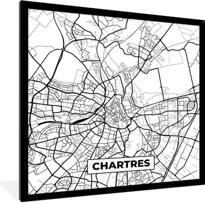 Fotolijst incl. Poster Zwart Wit- Stadskaart – Frankrijk – Chartres - Kaart – Plattegrond - Zwart wit - 40x40 cm - Posterlijst