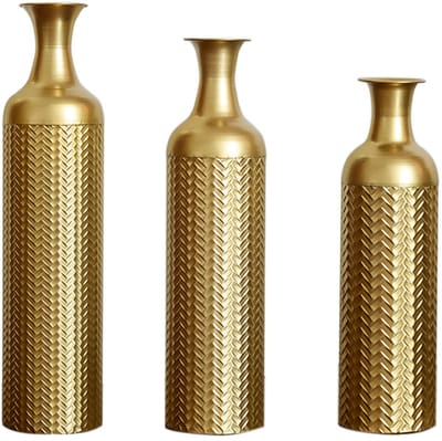 Grote Vloervaas - Hoge Bloempot - Decoratie Vaas-Metalen Vloervaas – Structuur –Vintage – Robuust - Stijlvol - Woonkamer - 50/66/83 cm- Set Van 3-Goud