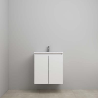 On-Line Onderkast - 60 cm - Bouwpakket - Greeploos 2 Deuren - Porseleinen Wastafel - 1 Kraangat - Hoogglans Wit