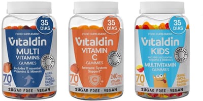 Pack Multivitamine fruitgummies voor volwassenen en Vitamine C-sinaasappelsmaak gummies en Multivitamine gummies voor kinderen met fruitsmaak Vitaldin