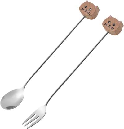 2 stuks - Vork + Lepel - Kittendesign - Roestvrij staal - Wit esdoornhout - Te gebruiken als koffieroerlepel, honinglepel, etc. - Zoals afgebeeld