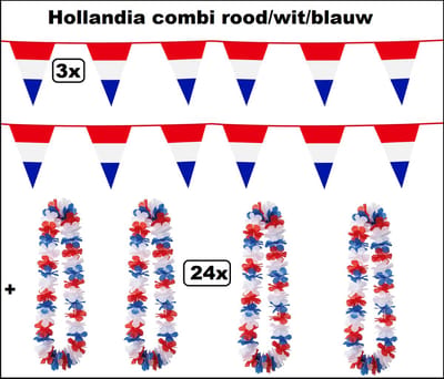 Hollandia Combi set rood/wit/blauw - 3x vlaggenlijn Holland 20cm x 30cm 10 meter + 24x Hawaislinger Holland - Koningsdag /WK 2026