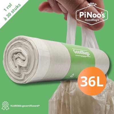 PiNoo’s® GoodBags Vuilniszakken 36 Liter | 1 rol à 30 zakken - Trekband | 100% Gerecycled LDPE-plastic | 27 My | 70×65 cm – Vuilniszakken 36 liter met trekband, Perfect passend in Brabantia prullenbakken met code R (07006501327R)