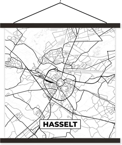 Posterhanger incl. Poster 60x60 cm - Schoolplaat - België – Hasselt – Stadskaart – Kaart – Zwart Wit – Plattegrond - Textielposter - Zwarte latten - Stadskaart