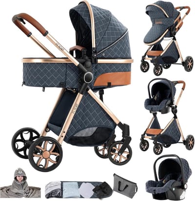 3-in-1 Kinderwagen voor Baby's - Draagbare Reiswieg en Vouwbare Hoge Kinderwagen