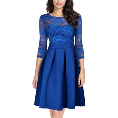 Nouveau Été femmes pure dentelle panneau robe col rond 3/4 manches fermeture éclair à volants ourlet élégant solide robe de soirée S bleu