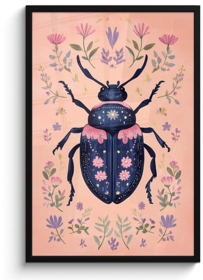 Poster in lijst - Fotolijst 60x90 cm - Posters - Kever - Donkerblauw - Bloemen - Sierlijk - Posterlijst zwart - Decoratie - Wanddecoratie woonkamer - Muurdecoratie slaapkamer
