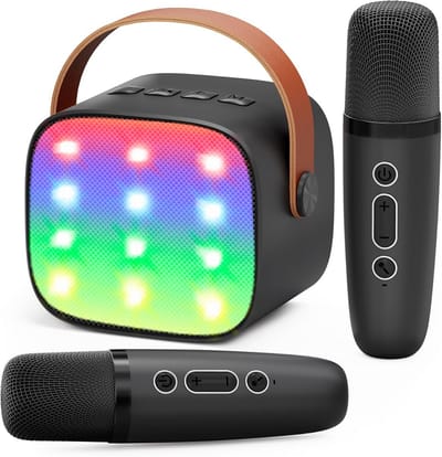 Bluetooth Karaoke Machine voor Kinderen met 2 Draadloze Microfoons - Draagbare Speaker met LED-verlichting en Spraakveranderende Functie