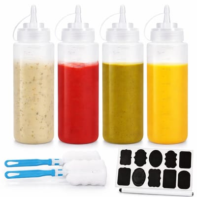 Knijpfles Set 680 ml – Sausfles Dispenser - Lekvrij Ontwerp - BPA-vrij PE Kunststof - Met Reinigingsborstels & Labels - Voor Keuken, BBQ, Catering - Sausfles, Squeezefles, Doseerfles