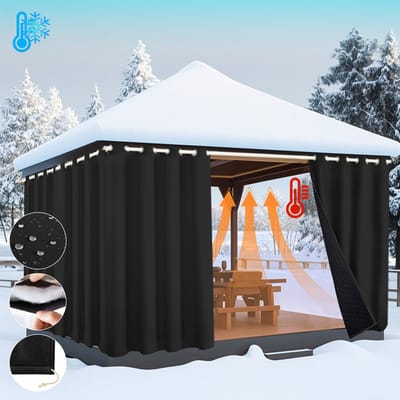 MUPOO Waterdicht Winddicht Deurgordijn - Thermisch Isolerend 405gsm - Verduisterend - Warmte & Koudwerend - Oogjes & Stangzak - Gewatteerd - voor Lakeside Cottages, Balkon, Thuis, Pergola(Zwart, B132xH213cm)