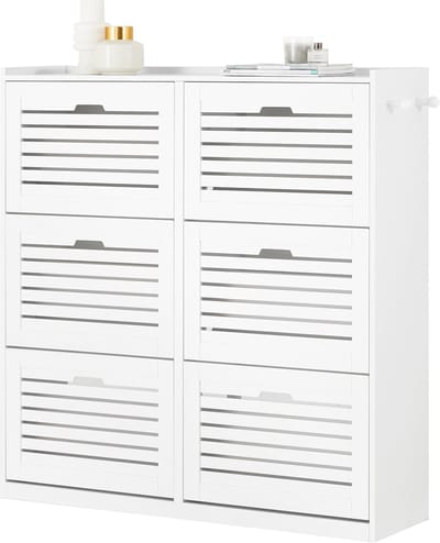 SoBuy FSR145-W Schoenenkast Met 6 Kleppen, Schoenencommode Met 2 Haken, Schoenenrek, Schoenenkist, Gangkast