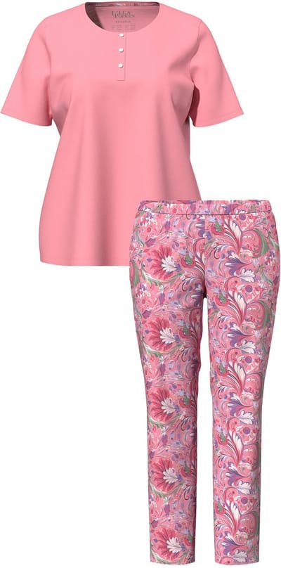 Ulla Popken - Dames - Pyjama bloemen ronde hals korte mouwen - Perzik roze - Maat 42+
