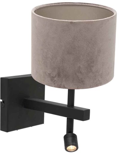 Wandlamp Stang 8206ZW van Steinhauer - Zwart met grijze velours kap, metalen materiaal, draaibaar en kantelbaar, geschikt voor E27 fitting, modern design