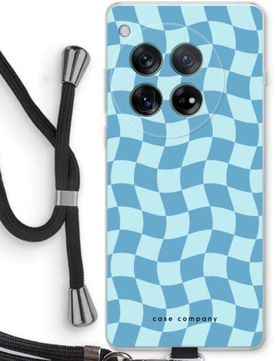 Case Company® - Hoesje met koord geschikt voor OnePlus 12r hoesje met Koord - Grid Blauw - Telefoonhoesje met Zwart Koord - Bescherming aan alle Kanten en Over de Schermrand