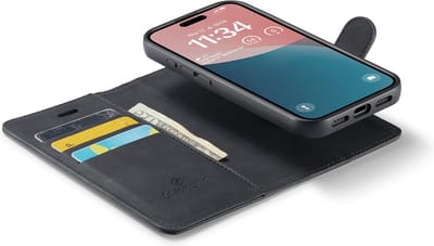 CaseMania Bookcase hoesje geschikt voor iPhone 16 - Effen Zwart - Kunstleer - 2-in-1 Magnetisch Uitneembaar Design