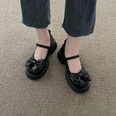 Lente Nieuwe Strik Enkele Schoenen Dames Dikke Zool Vierkante Neus Kleine PU Lederen Schoenen Mary Jane Schoenen Bruidsschoenen 36