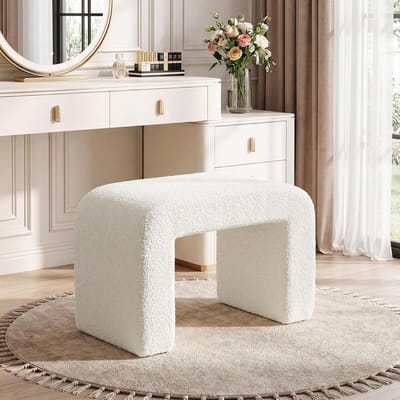 Tribesigns Poef Kruk voor Make-Up Kaptafel Stoel - 60 x 35 x 45 cm - Voetenbankje met Sherpa-stofbekleding - Comfortabele Modern Stijl - Wit