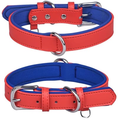 ONF3 - Lederen Halsband - Verstelbare Hondencollar - Comfortabel en Ademend - Rood - Gewatteerd - Geschikt voor Kleine en Grote Honden - Maat M