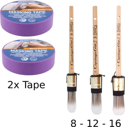 Kwasten Set - Copenhagen schilderkwasten set maat 8 -maat 12- maat 16 + 50 meter Sensetive afplaktape/schilderstape - Kwaliteitskwasten- kozijn kwasten- deurkwasten