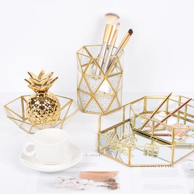 Retro Messing Opbergbak Glazen Make-up Organizer Bakje Dessert Snack Bord Sieraden Display Standaard Huis Keuken Decor beige