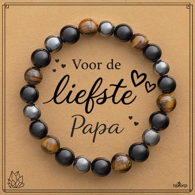 Bixorp Tijgeroog + Onyx + Hematiet Armband op Cadeau Kaartje - Voor de Liefste Papa - 8mm / 18cm Edelsteen Kralenarmband - Inclusief Cadeau Envelop