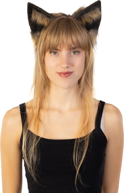 KIMU® Haarband Oren Zwart Bruin Wolf - Diadeem Hond Oortjes - Nepbont Pluche Bont Furry Dierenoren Lynx Kat Poes Vos Festival
