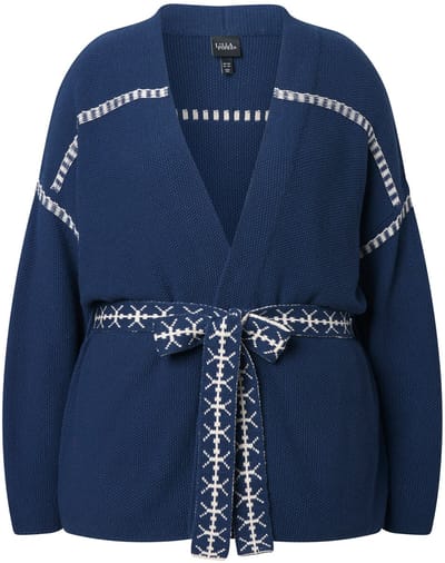 Ulla Popken - Dames - Vest sierstrepen oversized strikceintuur lange mouw - Inktblauw - Maat 42+