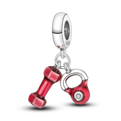 Fler® | Bedel | Past op populaire bedelarmbanden (standaard - 3mm) | Fitness Training - Halter & Kettlebe l Sportschool Dumbel Bedel | Hangbedel | 925 sterling zilver | Transparante zirkonia | Rode Emaille | Valentijnsdag Cadeau | Sinterklaas kado