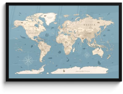 Poster in lijst - Fotolijst 90x60 cm - Posters - Wereldkaart - Oceaan - Realistisch - Blauw - Posterlijst zwart - Decoratie - Wanddecoratie woonkamer - Muurdecoratie slaapkamer