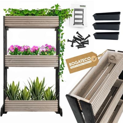 BOGATECO | Set van 3 bloempotten op standaard | Set van 3 bloempot plantenbakken 64x20cm | Houten bloempotten voor tomaten en bloemen, plantenbak voor tuinbalkon | 120cm hoog | Grijs