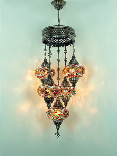 Turkse hanglamp mozaïek glas multicolour - 5 bollen - hoogte 110 cm - handgemaakt en uniek
