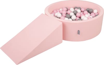 KiddyMoon Schuimspeelplaats met ramp Ballenbad - 7cm 100 Ballen - Speeltoestel - Ballenbak voor baby's - Ballenbak voor kinderen - Hindernisbanen - Speelbad - Roze