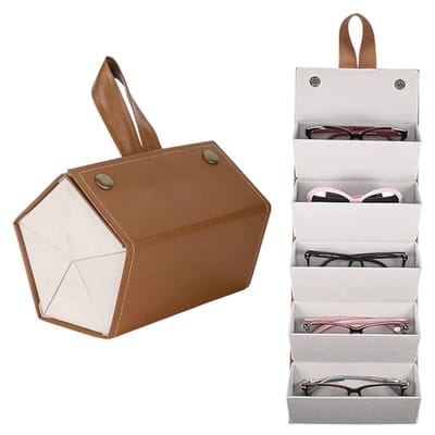 Dailygoods- Brillenkoker Opvouwbaar - Draagbare Brillenkoker - PU-leer + Fluwelen Bescherming - Vijf Vakken - Kaki - 17×12,5×12 cm - Brillenhouder