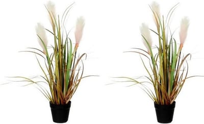 Groen/bruine riet gras/pluimgras kunstplant 53 cm Siergras in zwarte plastic pot - 2x - Kunstplanten/nepplanten
