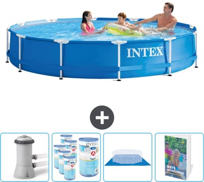 Intex Rond Frame Zwembad - 366 x 76 cm - Blauw - Inclusief Pomp Filters - Grondzeil - Zwembadgids